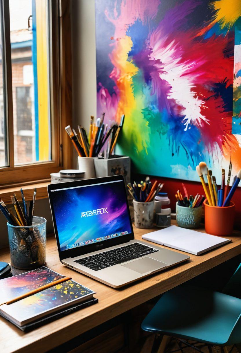 An open laptop on a wooden desk, surrounded by colorful art supplies like paints, brushes, and sketchbooks, symbolizing creativity and blogging. In the background, a vibrant community mural represents the Ardientesx community, filled with abstract designs and inspiring words. Soft light streaming through a window adds warmth to the scene, inviting viewers to unleash their creativity. super-realistic. vibrant colors.