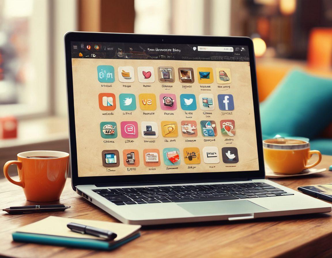 A vintage diary transitioning into a sleek laptop screen displaying vibrant lifestyle and social commentary content. Include elements like a handwritten note transforming into digital text, surrounded by colorful icons representing social media platforms. The background should feature subtle hints of a cozy coffee shop atmosphere. super-realistic. vibrant colors. soft focus.