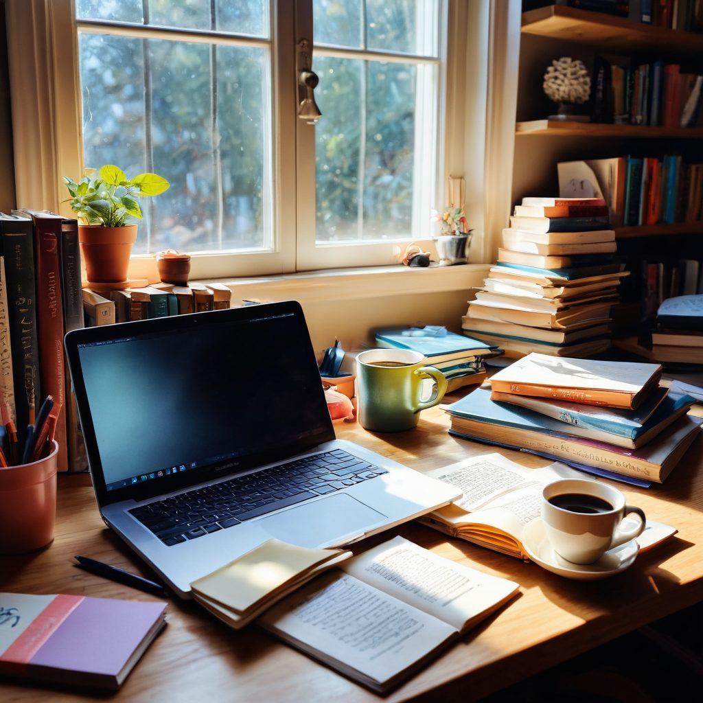 A whimsical, inviting workspace filled with an overflowing bookshelf of colorful books, a steaming cup of coffee beside an open laptop with words floating around it, symbolizing creativity. Sunlight streaming through a window casts warm glows on handwritten notes and sketchpads scattered across a wooden desk. The scene exudes inspiration and warmth, encouraging readers to engage with their own creativity. dreamy, vibrant colors, cozy atmosphere, soft focus.